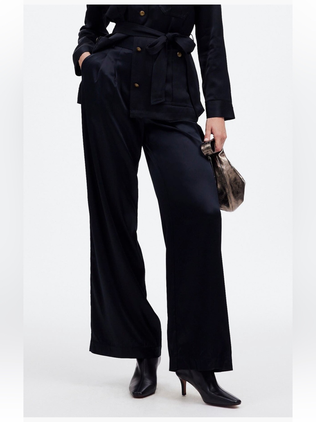 Madewell Superwide Leg Trousers In Stretch Satin Black Pants Size 8 Nwt